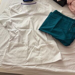 Landau White V-Neck Top and Greenish Pants Set